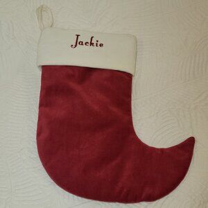 POTTERY BARN Pet Personalized Velvet Red & White Christmas Stocking "Jackie"